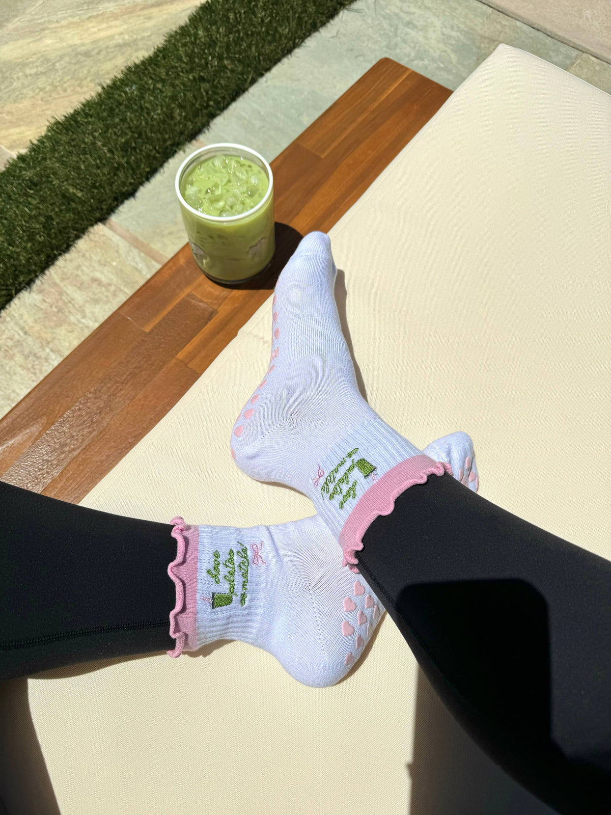 Love Pilates so Matcha ruffle pink grip sock