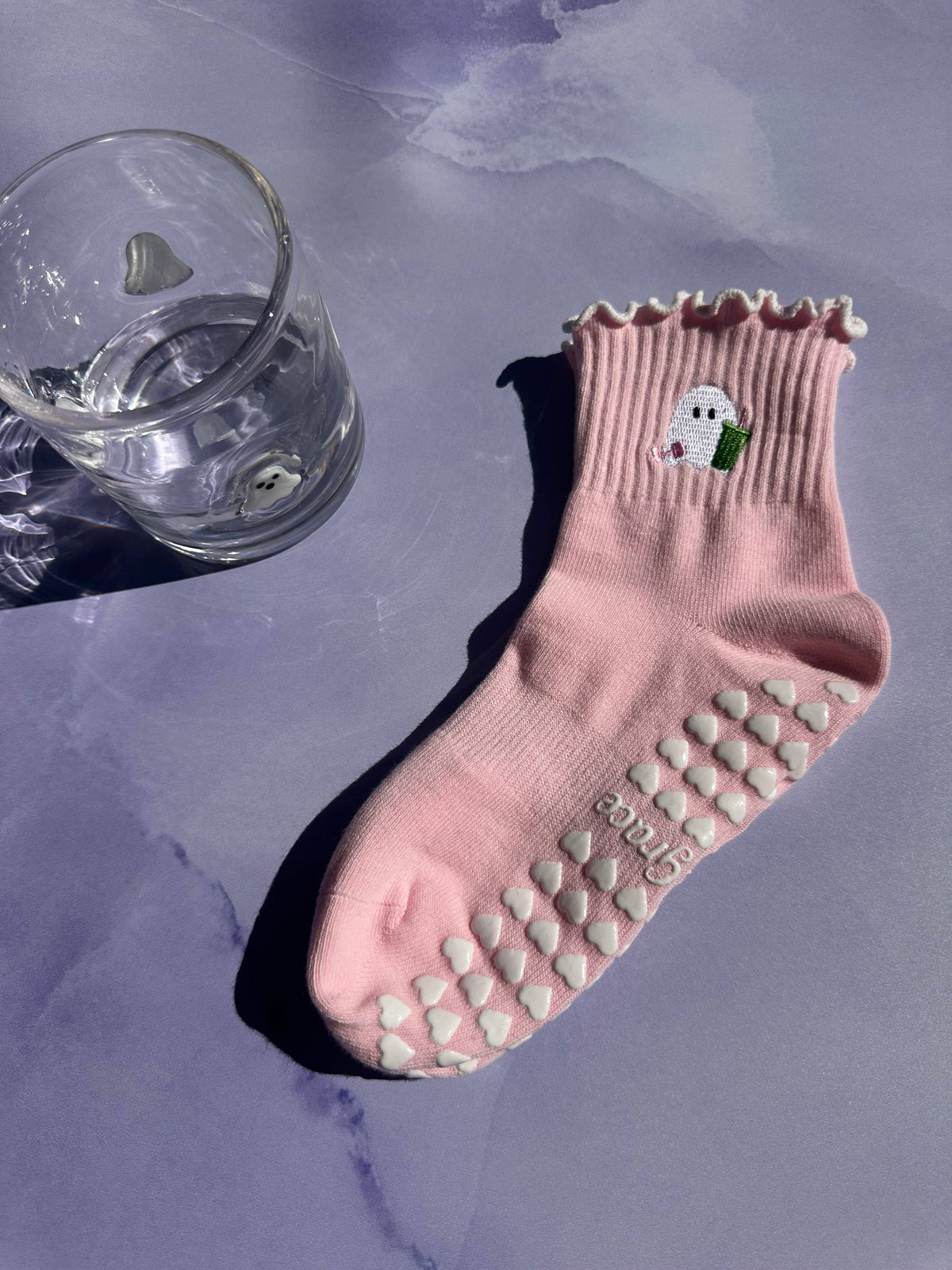 Spooky season socks! pink ghost matcha non slip socks