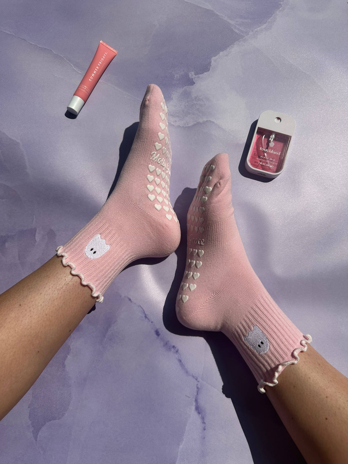 Spooky season socks!  Pink ghost non slip grip socks