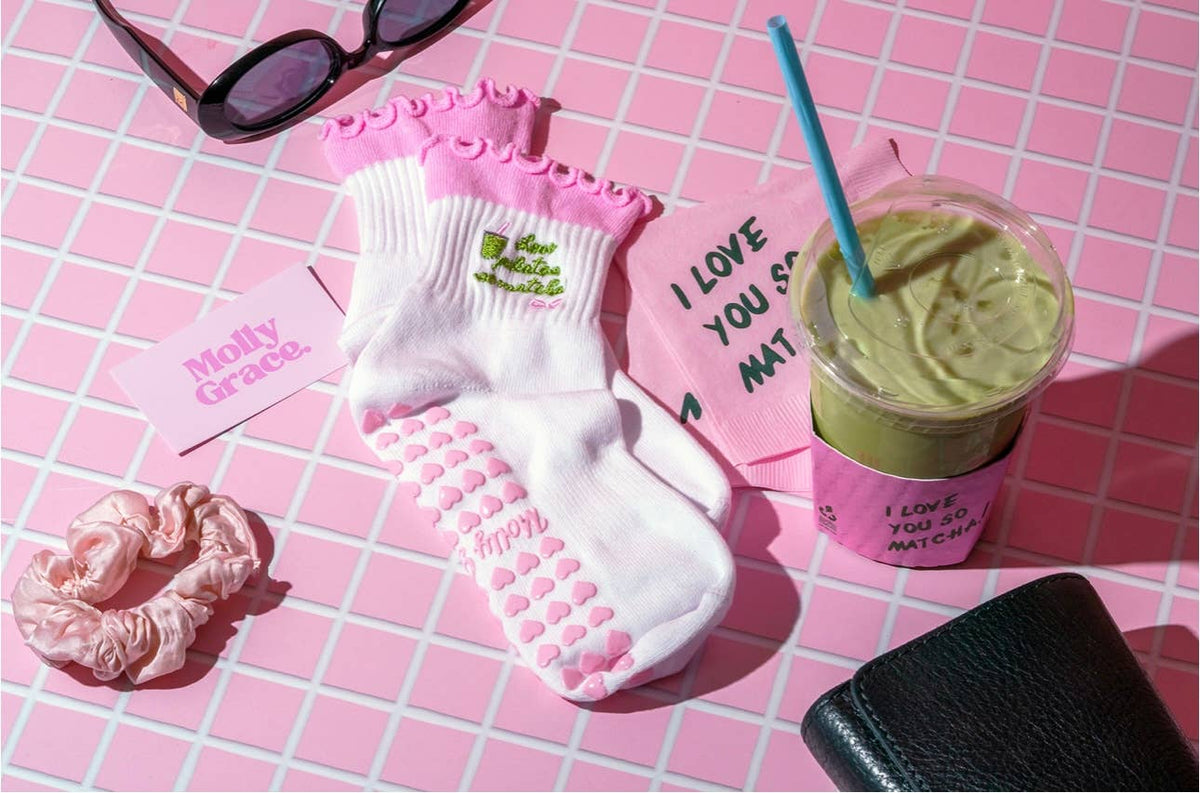Love Pilates so Matcha ruffle pink grip sock