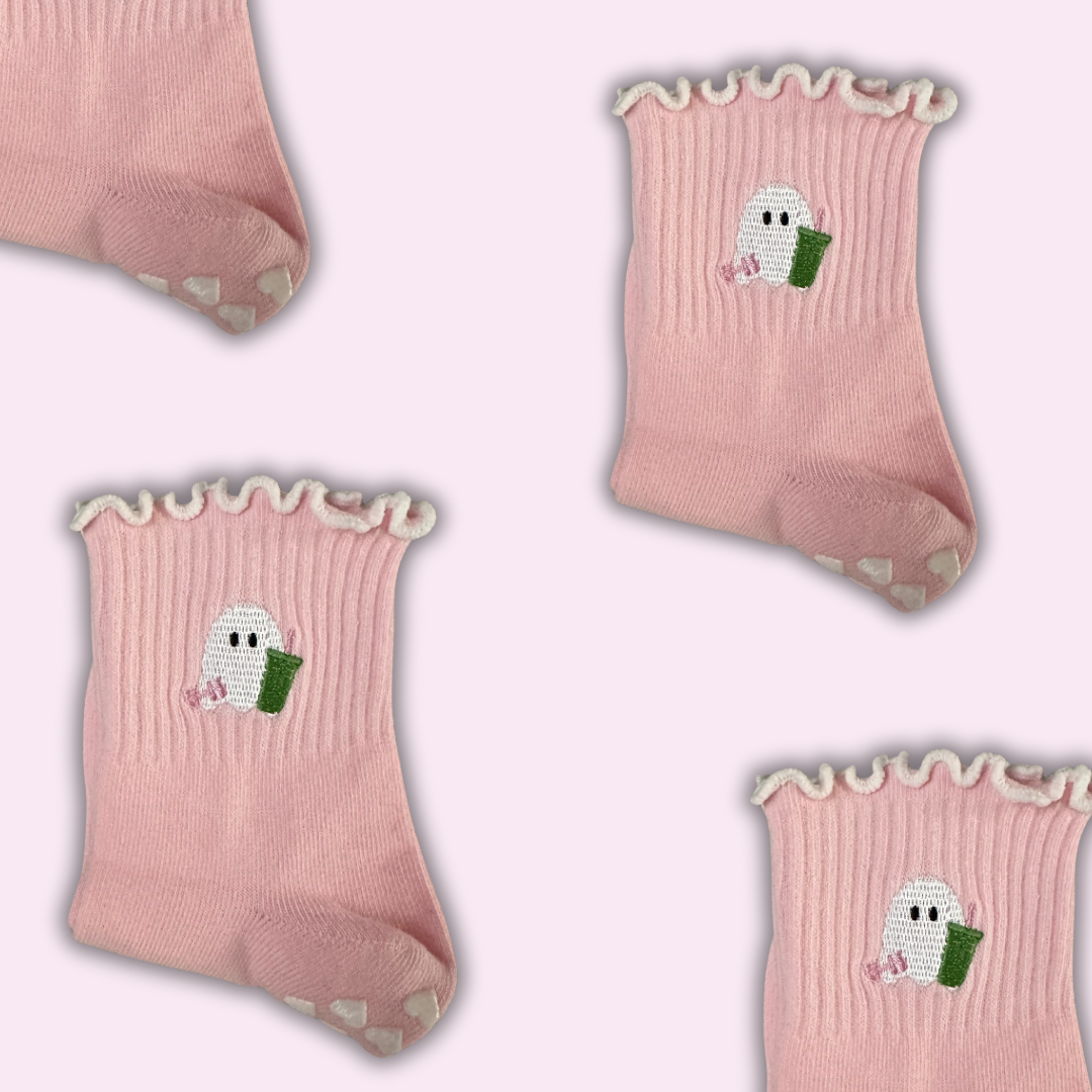 Spooky season socks! pink ghost matcha non slip socks