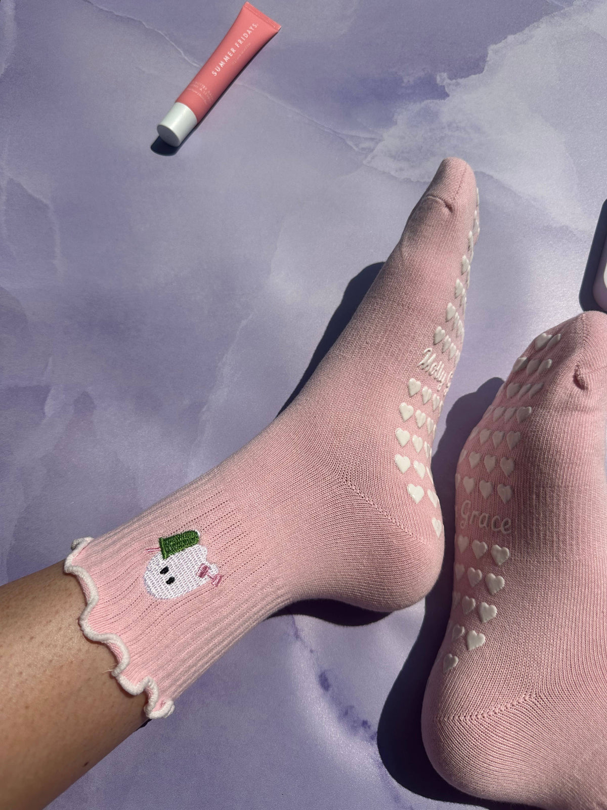 Spooky season socks! pink ghost matcha non slip socks