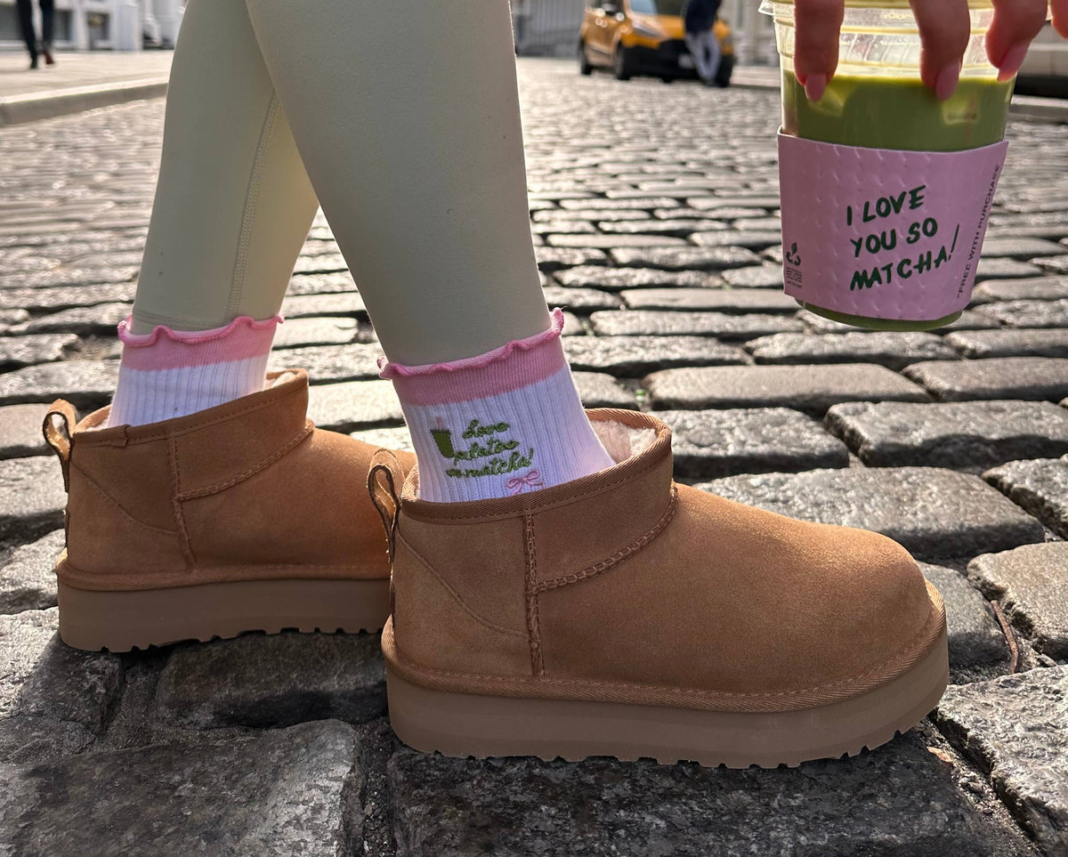 Love Pilates so Matcha ruffle pink grip sock