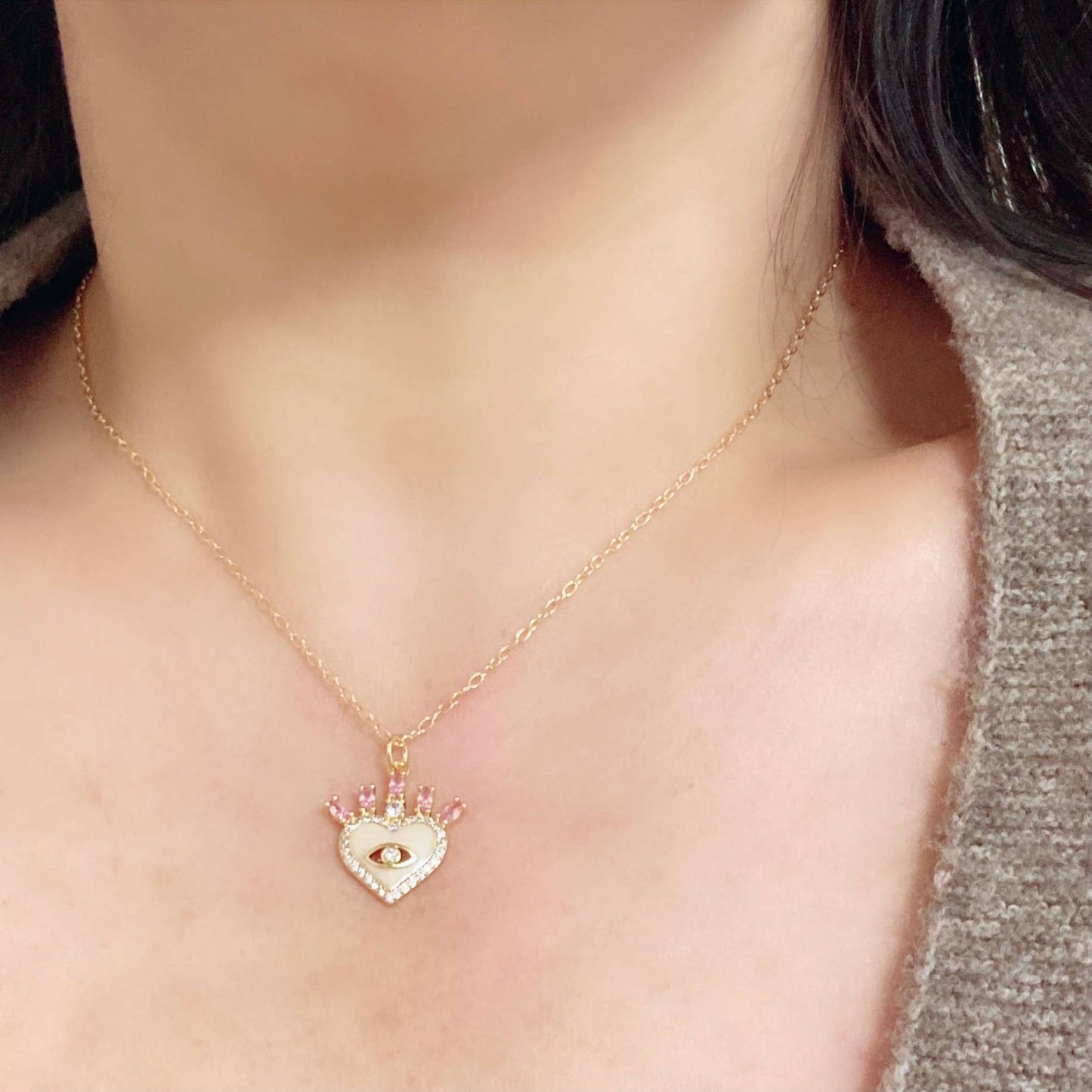 Eye Crown Heart Charm Pendant 18K gold filled chain necklace