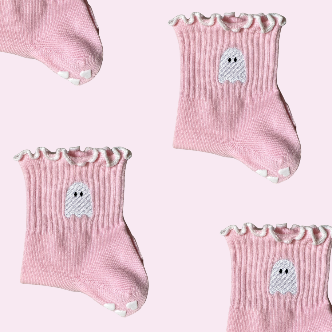 Spooky season socks!  Pink ghost non slip grip socks