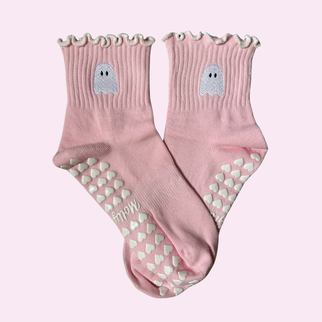 Spooky season socks!  Pink ghost non slip grip socks