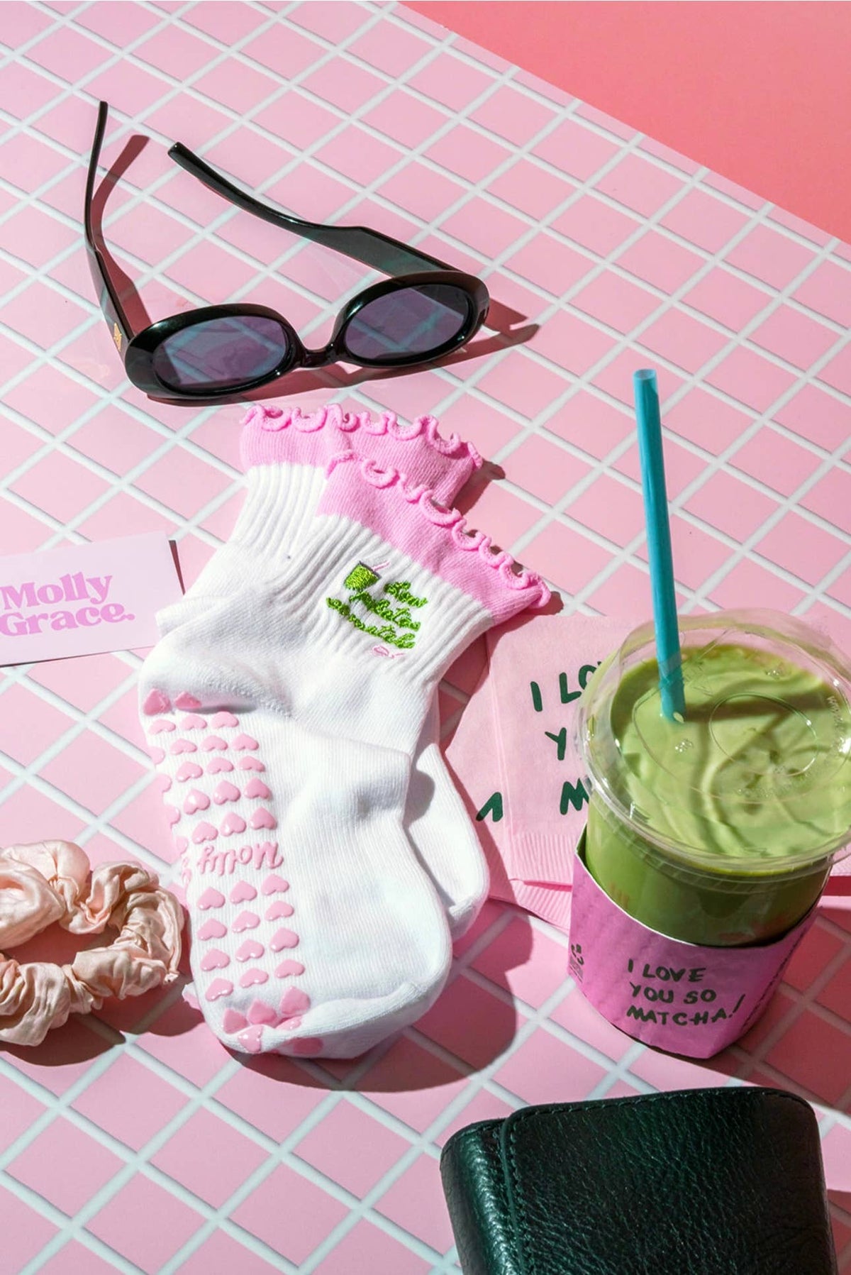 Love Pilates so Matcha ruffle pink grip sock