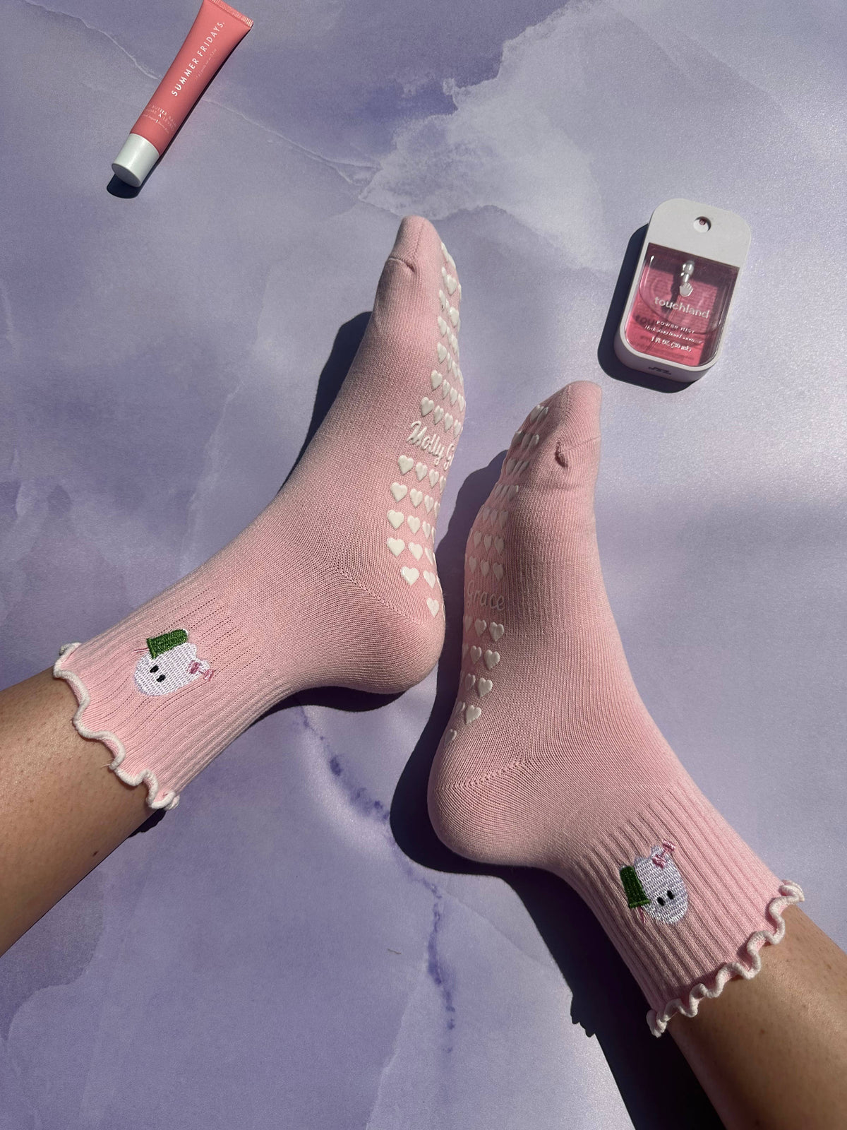 Spooky season socks! pink ghost matcha non slip socks