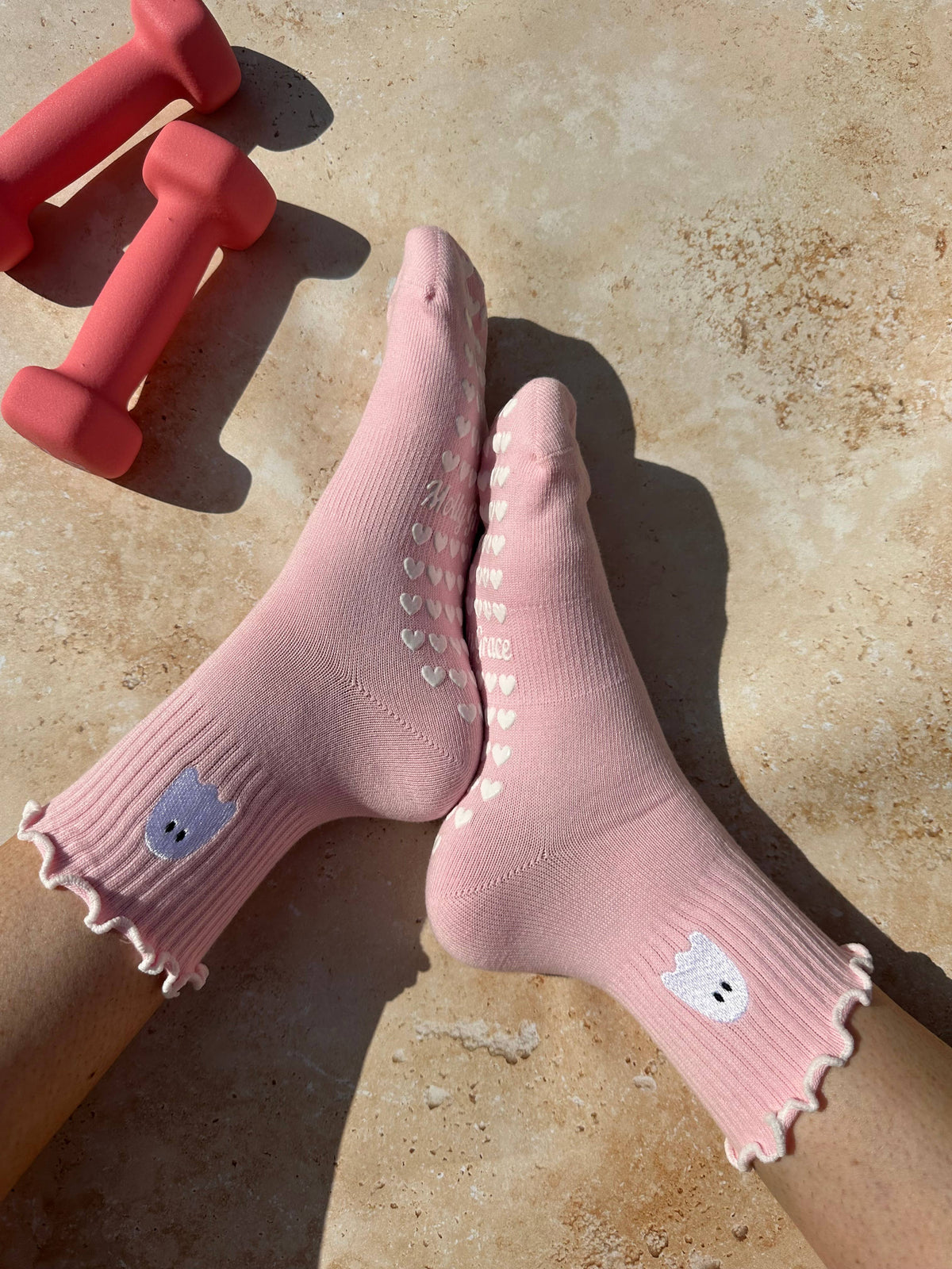 Spooky season socks!  Pink ghost non slip grip socks